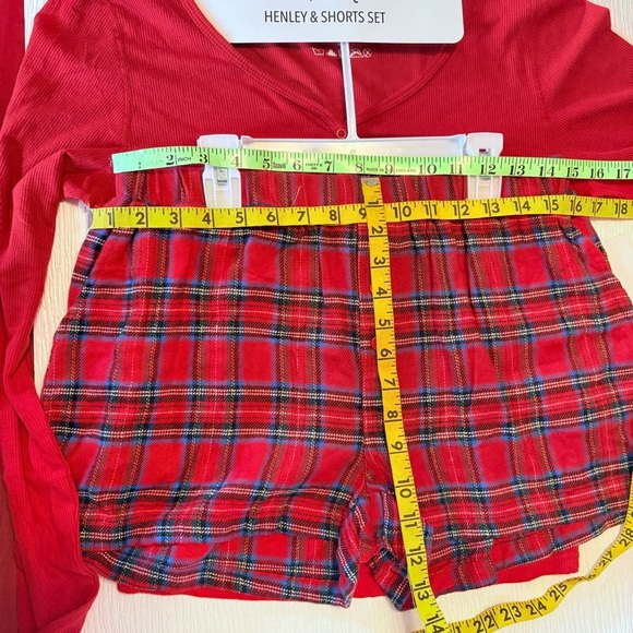 Free w/ Purchase 2 Piece by Free Haven Pajamas Henley & Shorts Plaid Flannel Red - Picture 4 of 15